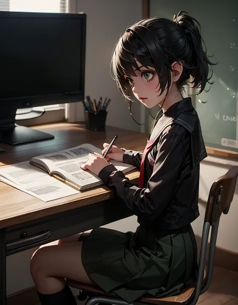 A girl studying at a desk, Ellen Joe (Zenless zone zero), shark girl, shark tail, school girl uniform ,