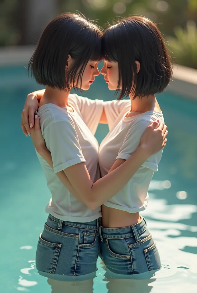 ((Girls hugging each other)), androgynous charm, ((black short bob hair)),hairstyle hime cut, straight bangs, Full limbs, complete fingers, ((perfect fingers and hands)), perfect eyes, (Detailed Lighting), ((piscina background)), (Detailed scenary backgrou...