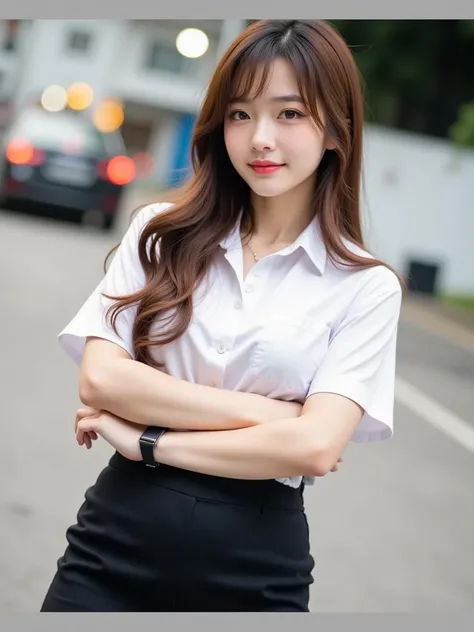 ((Medium Shot, Realistic Cinematic, 8K High Resolution)). Shirt pocket

A stunning Thai female university student, 20 to 21 years old, stands confidently in front of a sleek office building at night. Warm interior lights cast a soft glow on her fair, rosy ...