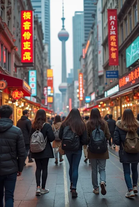  scene： Nanjing Road Pedestrian Street，Street, one of the busiest shopping streets in Shanghai，, is lined with various stores、shopping on the street。

main body： A group of students，wearing casual clothes， carrying a school bag，experiencing the charm of th...