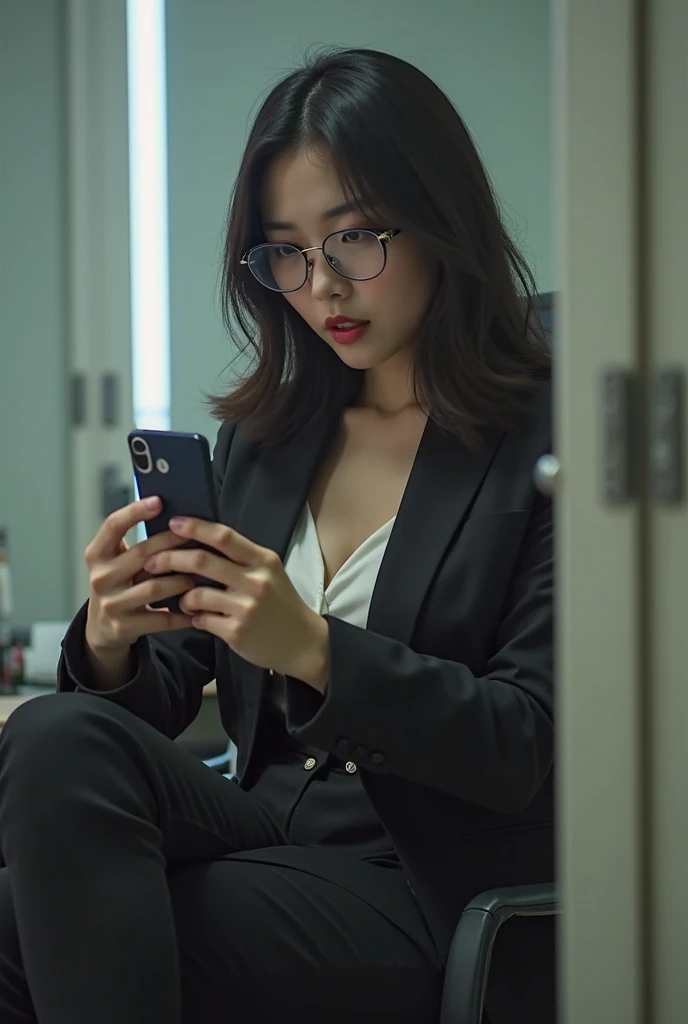 Very busty Korean woman wearing beautiful face glasses wearing a trouser suit, office worker sitting on mobile, secretly filming video, corner of the door ajar, staring at the sharp wind