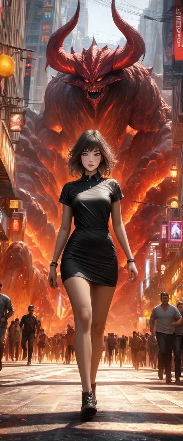 ( a gigantic lava demon ),very detailed,lurking over a city ,people running , hyper detailed ,hyper- Realistic, masterpiece:1.2,  highres, computer,  Realistic:1.37, HDR-10, ultra high definition mini shirt dress,  professional lips ,  bright colors, bokeh...