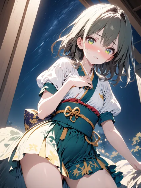 Wa Lolita, kimono skirt, furisode sleeves, silver medium hair,  girl with green eyes, Alone,  sky full of stars,  alert ,  knee shot, corruption, Short sleeve, miniskirt, NSFW,