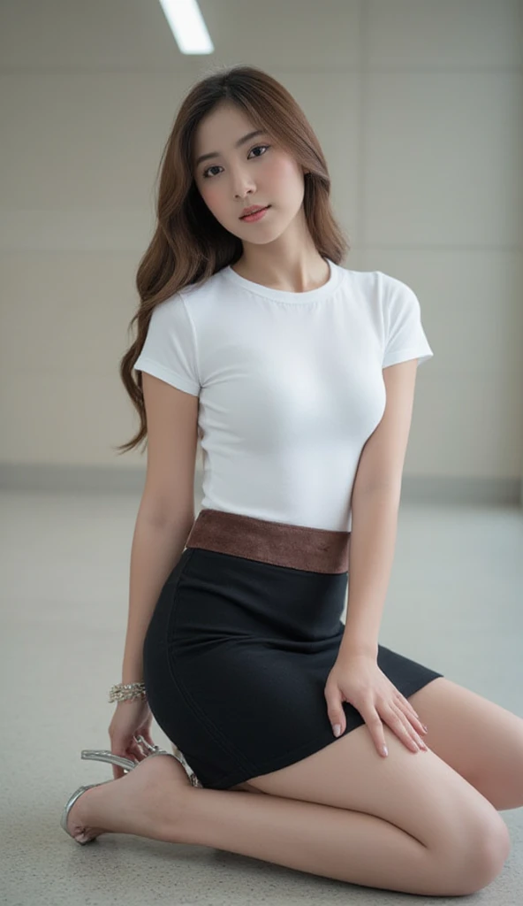 young Asian girl with brown hair, slender, wearing a white short-sleeve blouse, her shirt tucked into a short black pencil skirt with side slit, suede dark brown belt at her waist, bracelet, sexy sit pose, silver high heel, looking back, random place in un...