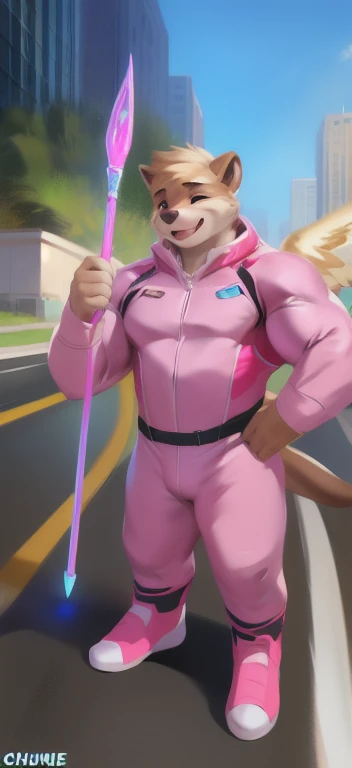  alone, male Tall​,huge​ body​, stand,Holding the magic staff of an angel.,angel Two wings long, road,pig otter ​ ​,  pink military spacesuit,  heavy overload,  muscle bundle, Sexual​ Emotions​ happy​,by chunie ​