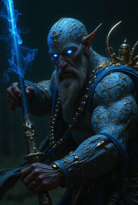 ((Masterpiece)), (highest quality), stylized closeup fantasy shot portrait, Dungeons & Dragons, badass and mysterious wood elf monk covered head to toe in glowing light blue tattoos, elderly warrior master, elf monk, solemn wanderer, glowing light blue eye...