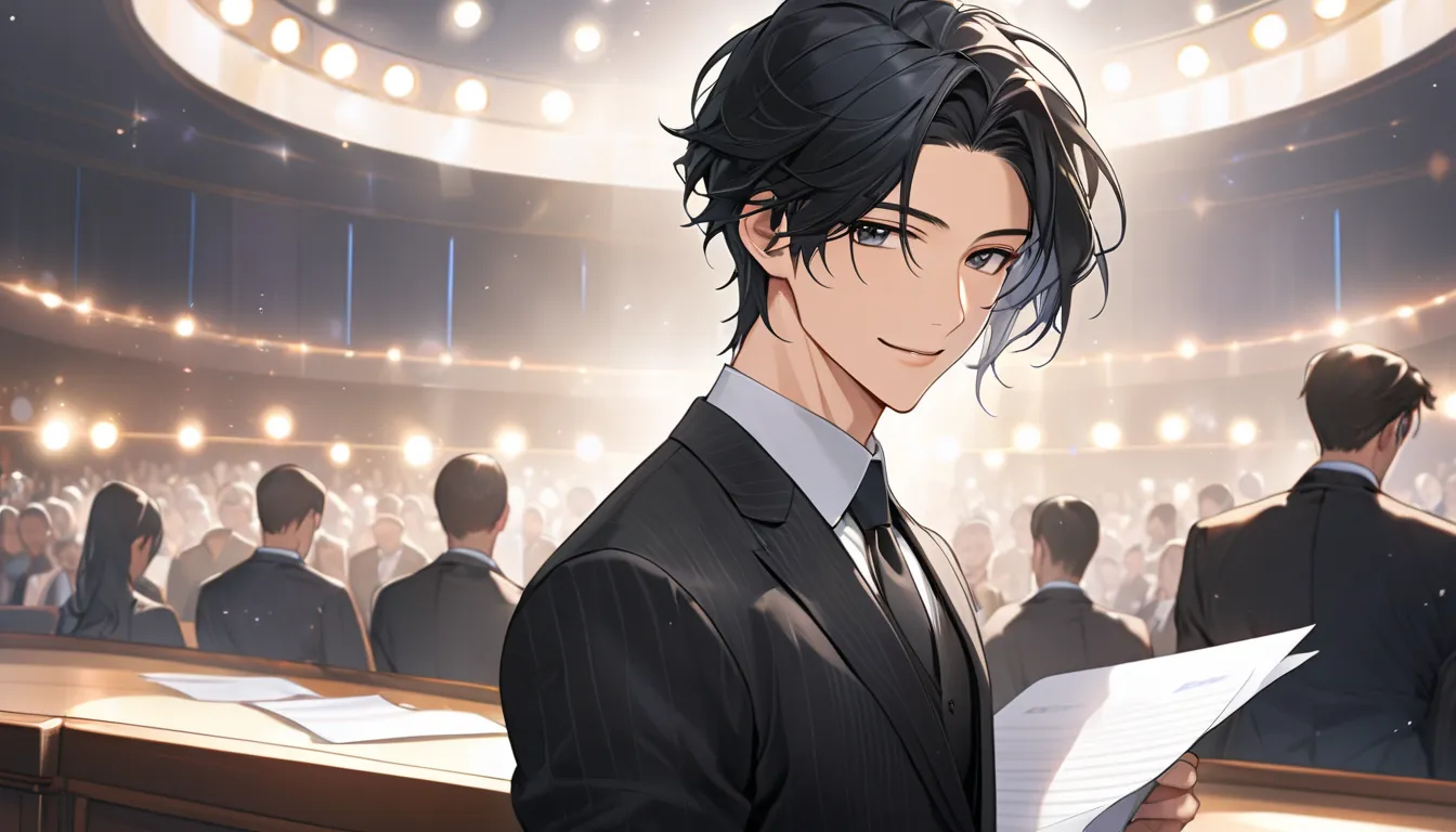 A young man with black hair is wearing a suit and judging an audition. His slightly wavy, medium-length black hair has subtle bluish highlights. He has a charming yet slightly mysterious smile, exuding a sense of confidence and intelligence. His slim physi...