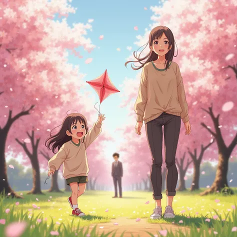 in anime style Time has passed, and the mother and daughter have moved on. A bright and hopeful anime scene shows them in a peaceful park during cherry blossom season. The mother now has a confident and radiant expression, dressed in a stylish yet simple o...