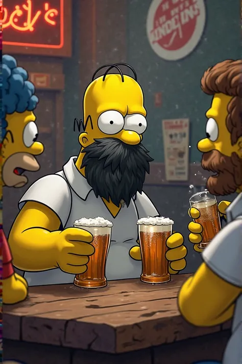 Hommer Simpson young man with black beard drinking beer with his friends at Moe's bar