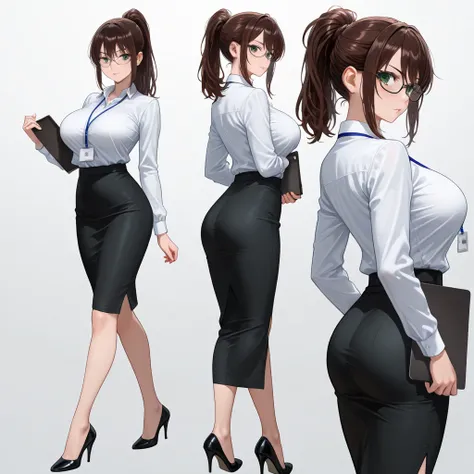 A stern and attractive brunette woman. She is dressed in very tight office attire. ((Ponytail/bun)). ((Glasses)) (big breasts), (green eyes) (tall) heels, holding a clipboard. ((Office setting)) (detailed eyes) ((stern)) (multiple angles) 