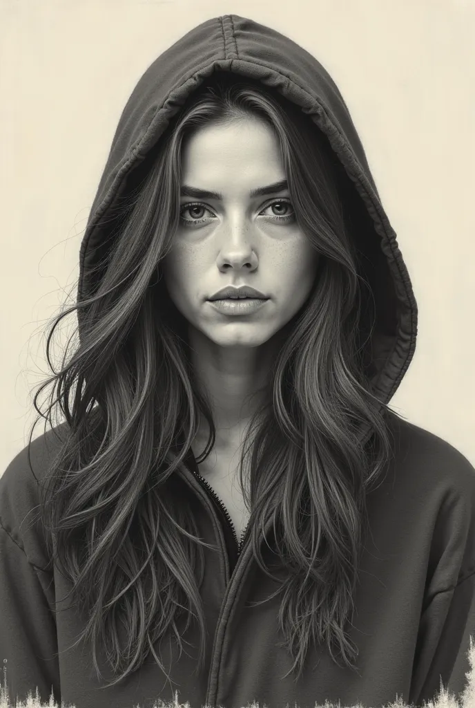 A realistic pencil drawing from a portrait camera angle about a close-up portrait of a young woman with a serious expression, wearing a hooded cloak. the image is in black and white, focusing on the subject's face and upper body. on the middle of the image...