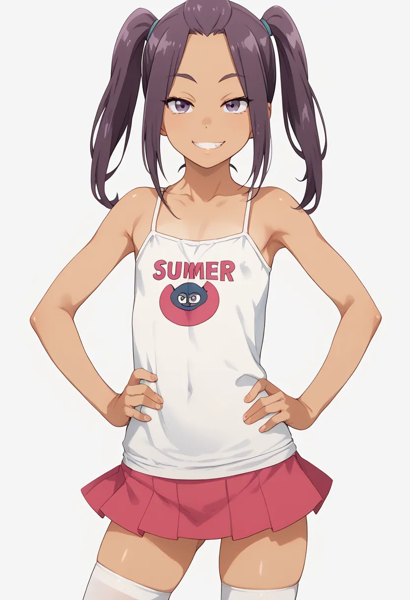 suntan,flat chested,smug face,camisole,female brat,twin tails,thighs,microskirt,super tight,hand on hip,print shirt,skirt,thighhighs,kagamihara sakura