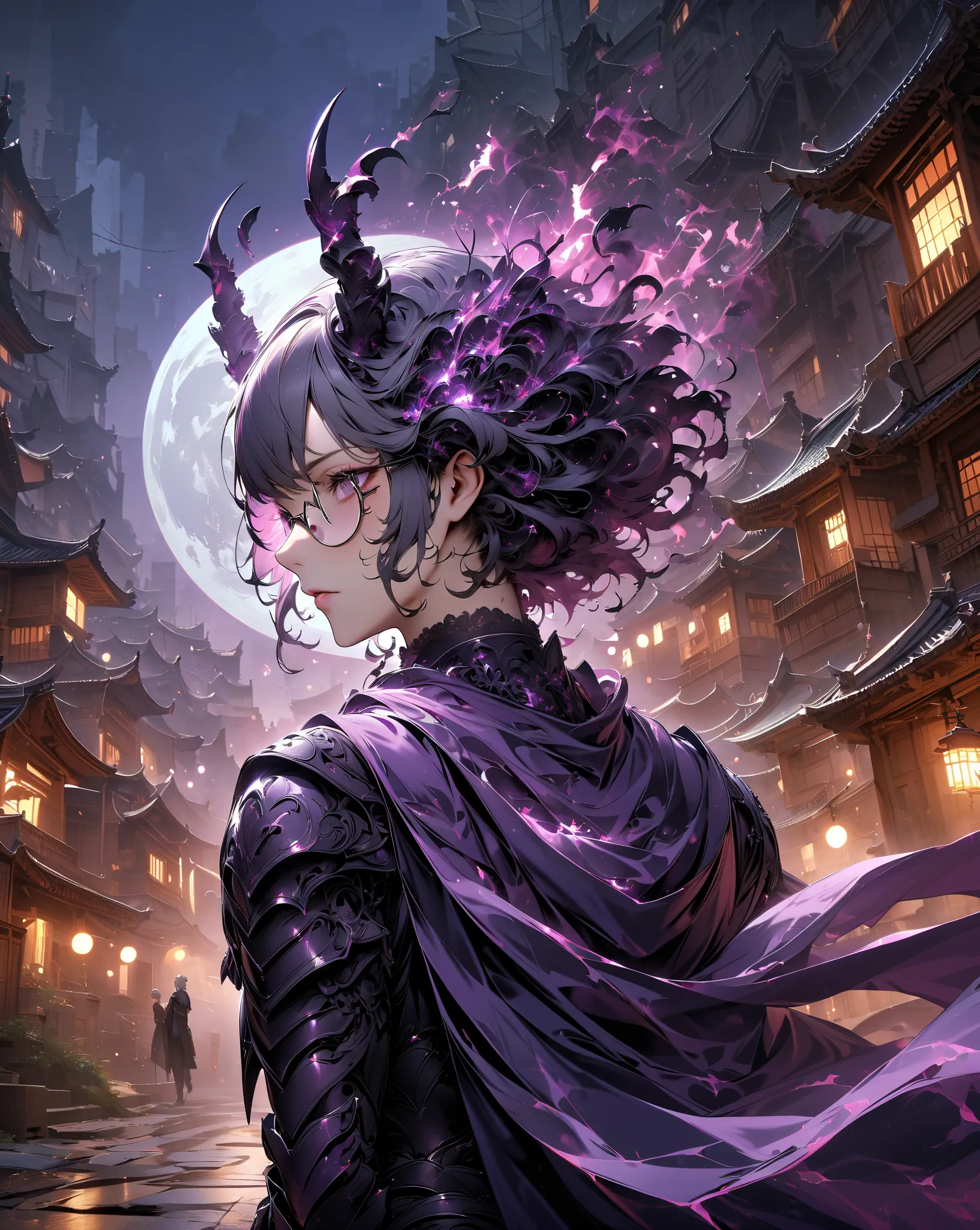 Man with three horns、short gray hair perm、 Full Moon Night 、purple black armor、Streetscape with tiled roofs、Looking Back Pose、Monocle Glasses、The eye of a staring demon、High Resolution, masterpiece, accurate, 