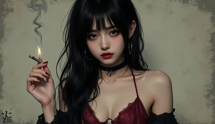 A stylized digital illustration of a mysterious young woman with long, flowing black hair, wearing a dark red bikini top and a black choker. She holds a lit cigarette between her fingers, with a soft trail of smoke rising. Her deep, alluring gaze is framed...