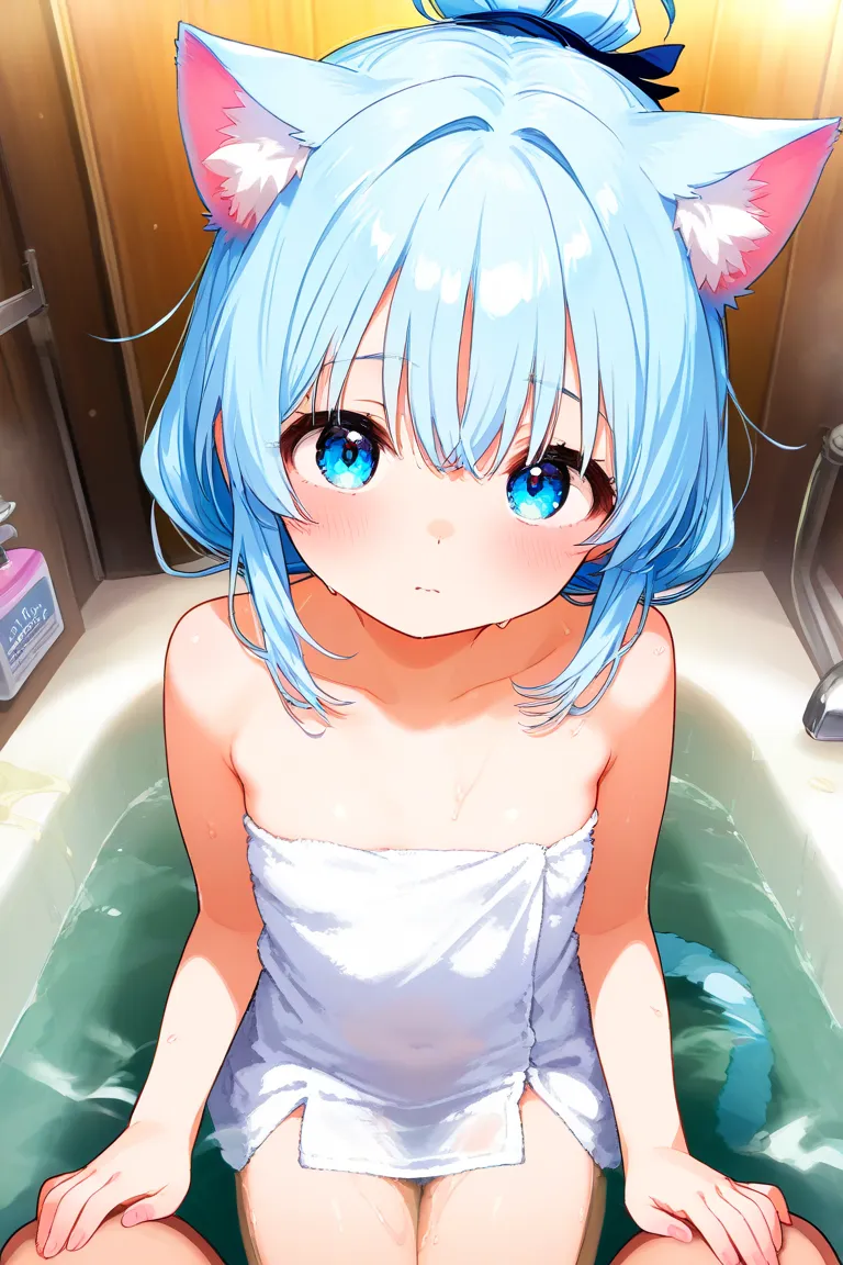  girl、Cat ears、light blue hair tied at the top、 light blue eyes、bath towels、 small tits、 large public bath、embarrassing、Male 1、A man is watching