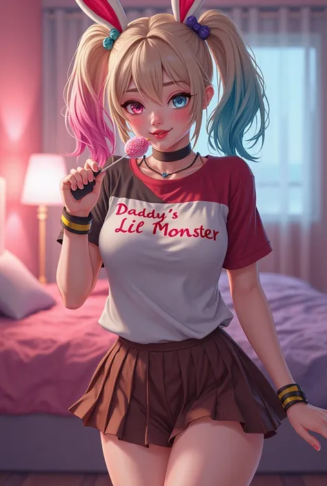 Harley Quinn Realistic anime character v5 with colored hair and a bunny ear bow she looks like a porn character with plenty of body, big breasts and thick thighs she has a t-shirt written on it "Daddy's Lil Monster is in a brown school-style skirt and is s...