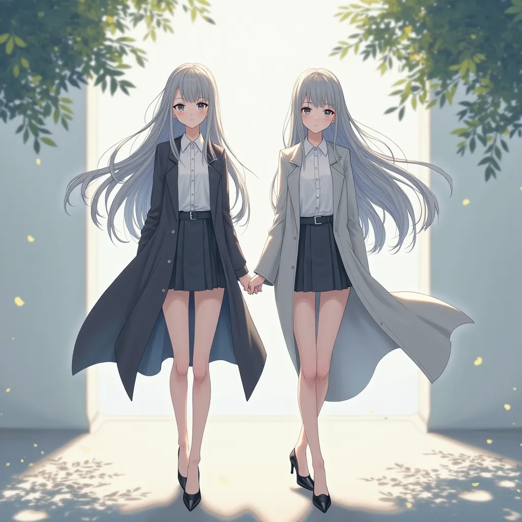 anime girls, full body front, standing, bare legs, light skin, gray long hair, gray eyes, white shirts, gray coats, gray skirts, black shoes