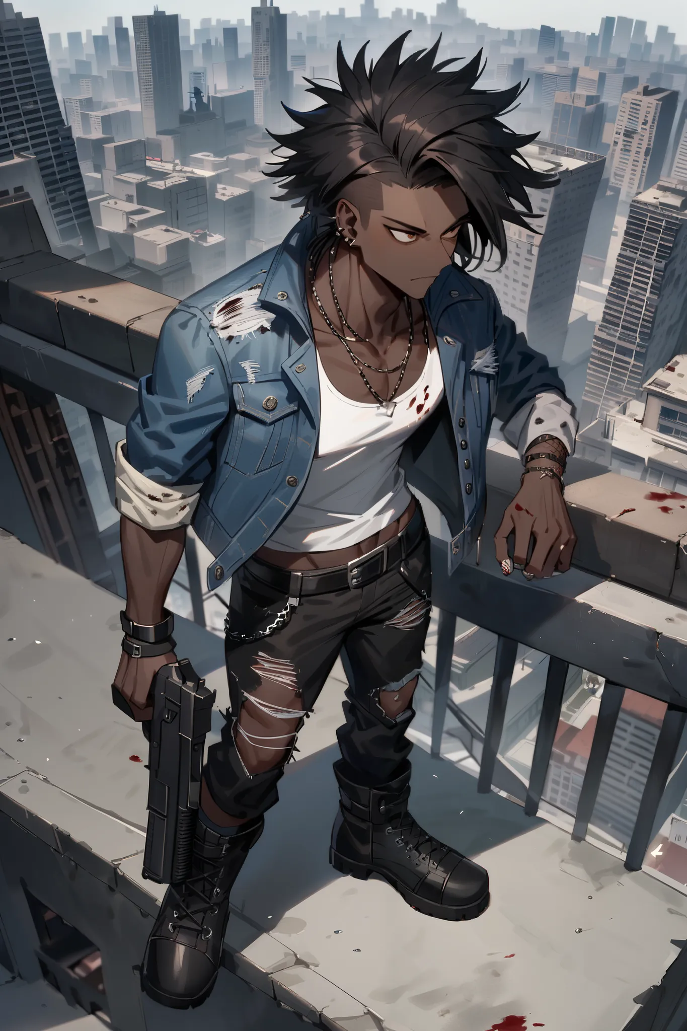 Male Gangster, Ebony skin, short black hair in dreads, tall and toned, brown eyes, cocky, punk-styled clothes, ripped denim jeans, white tank top, bloodstains, denim jacket, black steel-toed combat boots, pistol, dystopian cityscape rooftop.