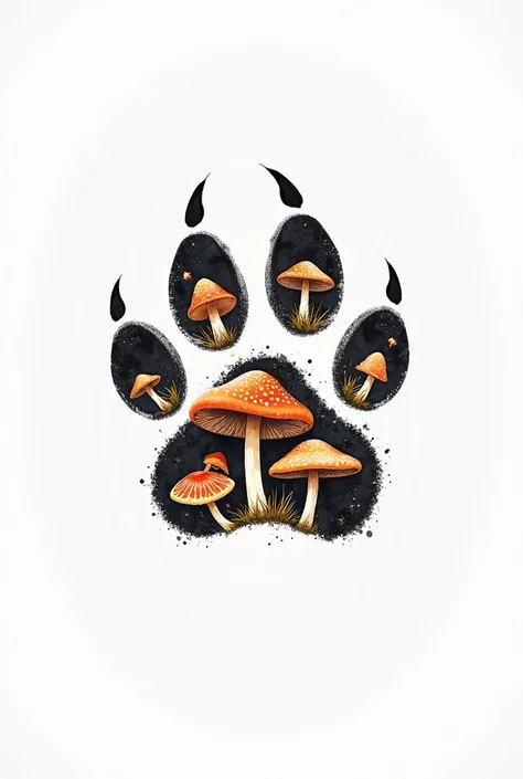 "Create A art illustration paw print with Mushroom print, the paw is outlined in black on a white background. highly detailed,"