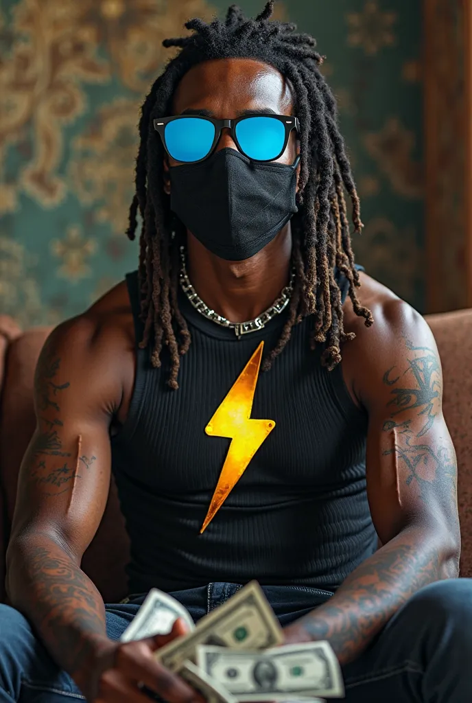 superhero, super shock, Virgil Ovid Aldecort Hawkins, black, wears dreadlocks, with a lightning symbol on his chest, with money around him, sitting like a member of the mafia, mask covering around his eyes, and blue glasses under his forehead, black ribbed...