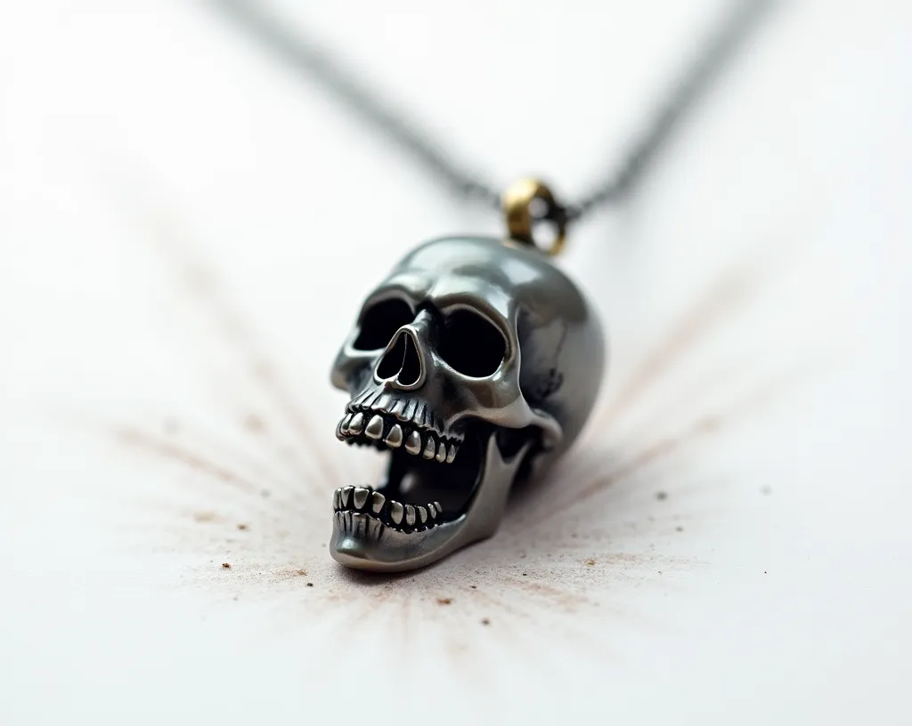 Necklace with a small skull made of black pearls without a lower jaw on a white background