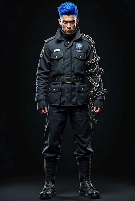 a realistic game character, male 20 years, east European face, French crop hair blue color, arched eyebrows, wearing a dark tight advanced cyber police uniform, a big chain wrapped around right arm in circle, wearing a black working boots with upper chain ...