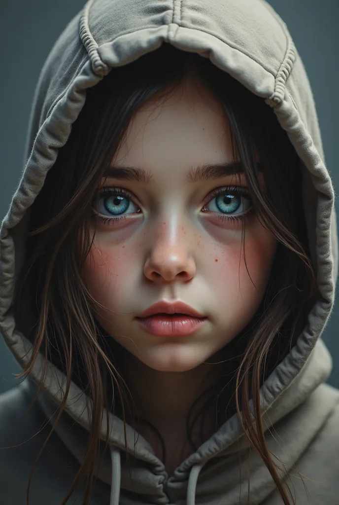 there is a young girl with a hood on posing for a picture, a hyperrealistic painting inspired by Sasha Putrya, unsplash, hyperrealism, staring directly into camera, clear eyes looking into camera, close up face, staring directly at camera, eyes looking at ...