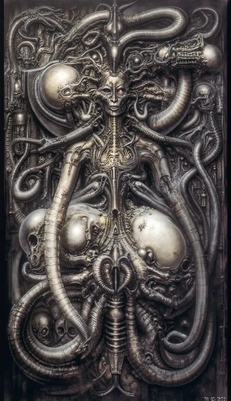 Please reproduce the original image as accurately as possible, capturing the intricate details of the biomechanical structures, the dramatic lighting, and the overall sense of unease. Find and enhance depiction of Giger's demons and creatures.(best quality...