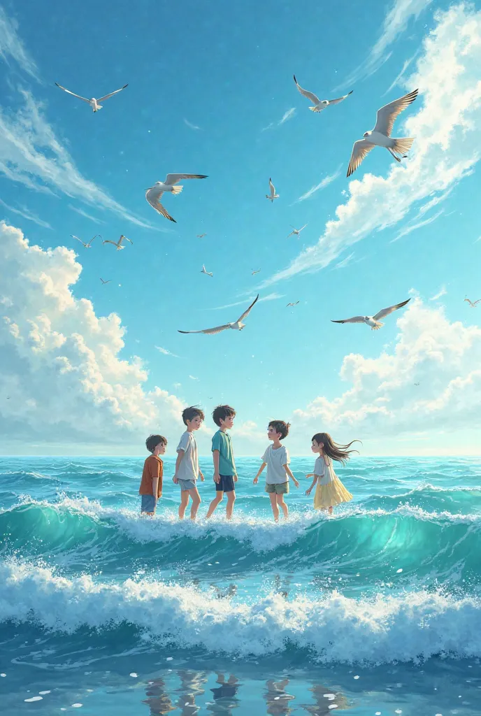 sea, rolling waves,  birds of the sky , Beautiful sky clouds, featuring boys and girls looking for each other on the wave