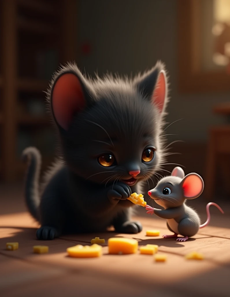 3 d.  fluffy ,  small, a black kitten puts a piece of cheese for a gray little mouse.