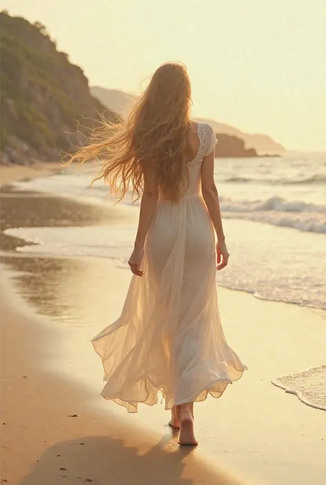 A beautiful woman on the beach backwards