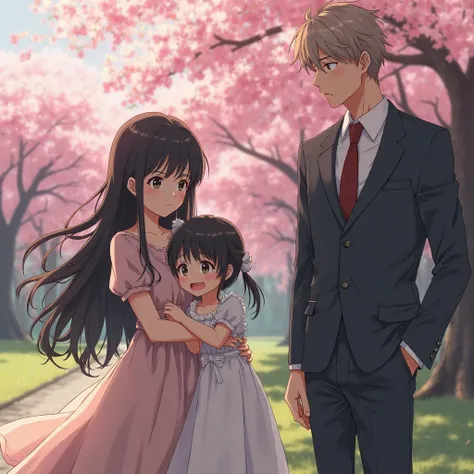 A dramatic and emotional anime scene set in a peaceful park during cherry blossom season. A young mother with long, flowing dark hair and sorrowful eyes stands protectively beside her small daughter, who clings to her dress. The daughter, a sweet-looking g...