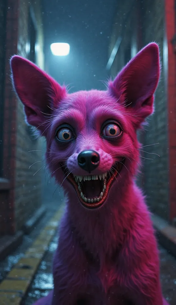  Fantastic　 realistic footage　night　 Office Street Back Alley　The face of a pink-purple dog with a scary face with wide eyes has a scary human face