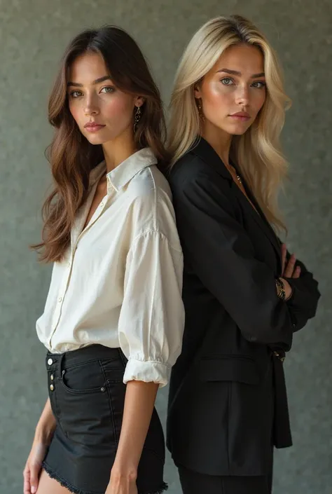  woman of 1.70 brown-haired, light brown eyes, with a long white shirt and short black skirt and next to a blonde woman, green eyes like 1.78 in a black business suit 