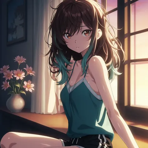 masterpiece, best quality, amazing quality, anime, melancholic, thin, brown eyes, hand in hair, messy hair, brown hair with teal highlights, teal spaghetti strap tank top with white trim, black shorts, swept bangs, toned arms, indoors, window, dusk, flower...