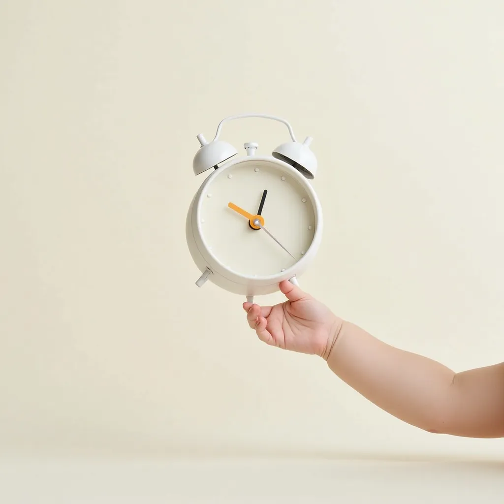 Here’s the translation:

“A small baby’s hand reaches toward a white alarm clock placed in the upper-right corner of the image. The hand gently touches the clock from below, with part of the fingers visible. The design is simple and uses soft colors, with ...