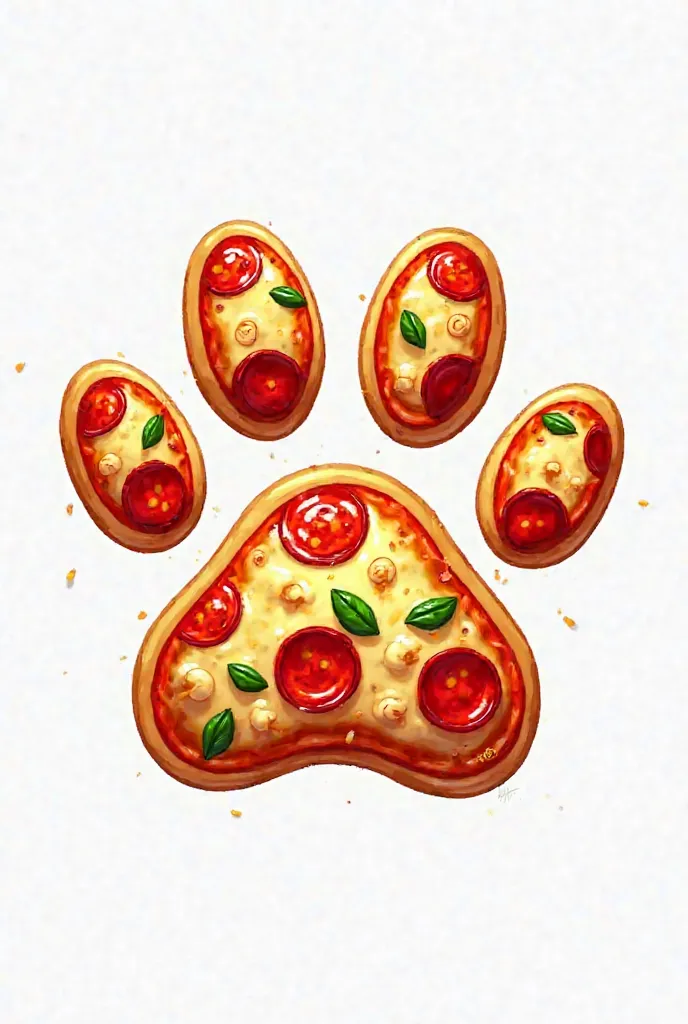 "Create A art illustration paw print with Pizza print, the paw is outlined in black on a white background. highly detailed,"