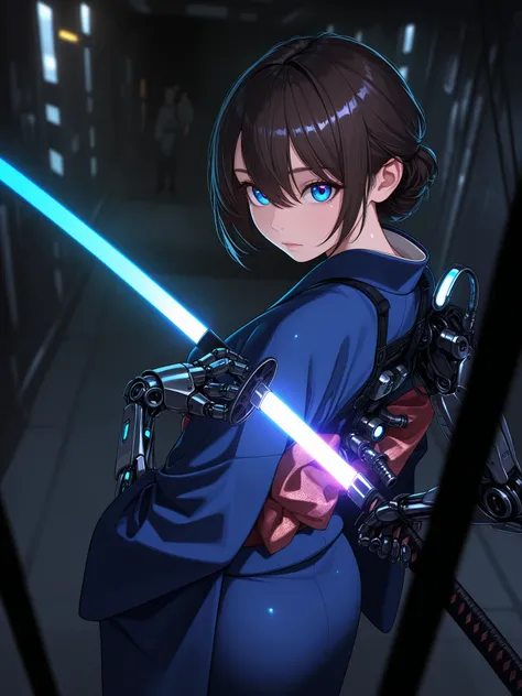 1girl,  back angle , sci-fi background, shielded, kimono, obidome, exoskeleton , mechanical arms , katana, big pupil, energy sword, (Depth of field hdr 8k 4k cinematic angle wallpaper, real life Tom and Jerry:1.2), [( hair between the eyes :1.2)::0.2], ( b...