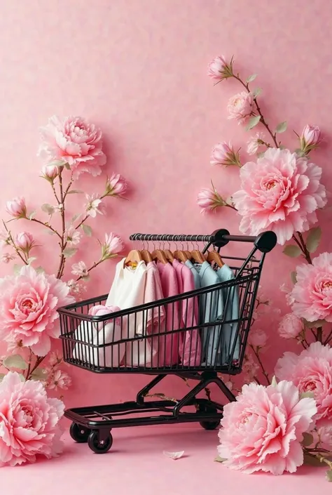 pink flower arrangement，Black shopping cart，Selling women's clothing