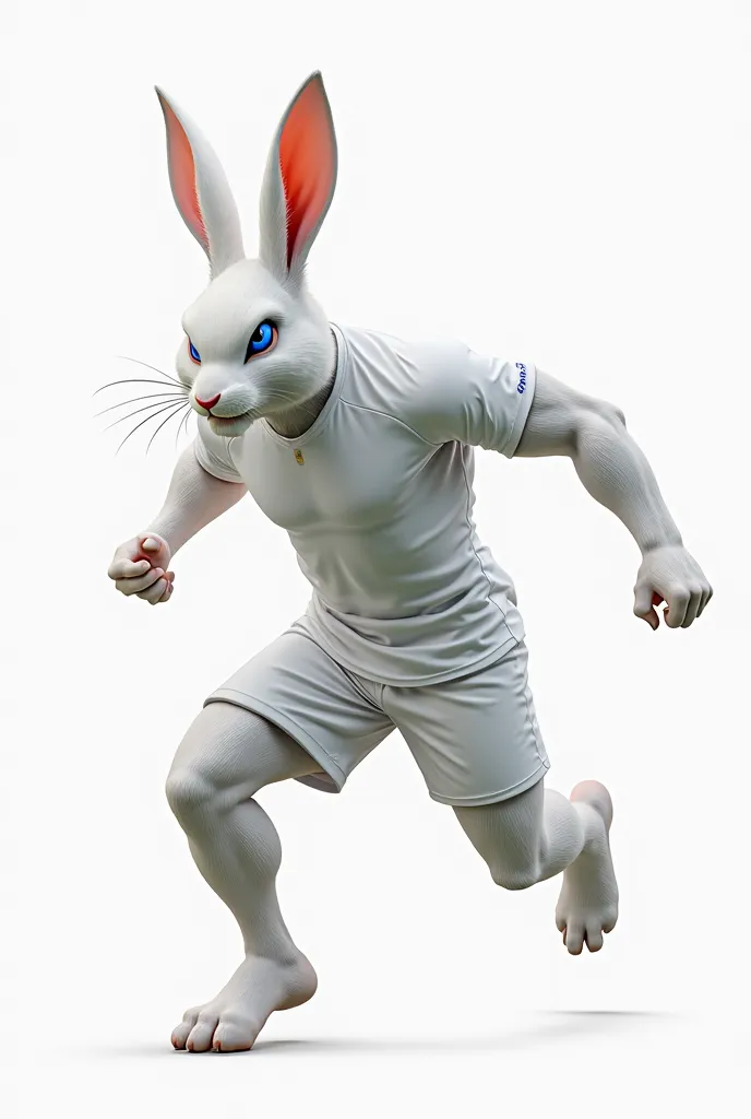 Male rabbit white blue eyes soccer medium aggressive with muscles and white soccer uniform transparent background