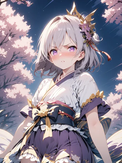 Wa Lolita, kimono skirt, furisode sleeves, silver medium hair,  girl with purple eyes, Alone,  sky full of stars,  alert ,  knee shot, corruption, Short sleeve, miniskirt, NSFW,  Contempt/ angry gaze , 