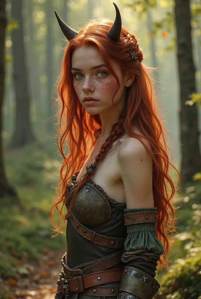 A youthful  girl is standing in a magical forrest in her camp. She has shoulder long red hair, green eyes and freckles and a very beautiful face. There are small horns growing out of her head. She has a very slim body and an intensive look in here eyes. He...