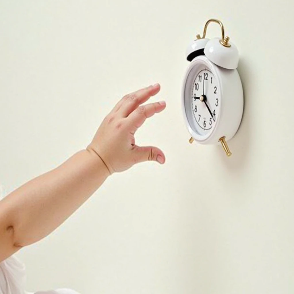 Here’s the translation:

“A small baby’s hand reaches toward a white alarm clock placed in the upper-right corner of the image. The hand gently touches the clock from below, with part of the fingers visible. The design is simple and uses soft colors, with ...