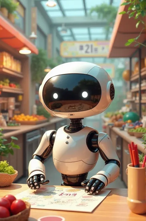 Create a vibrant scene where a friendly-looking AI robot is shopping in a colorful grocery store, preparing food in a modern kitchen, and thoughtfully writing wishes on beautifully designed cards