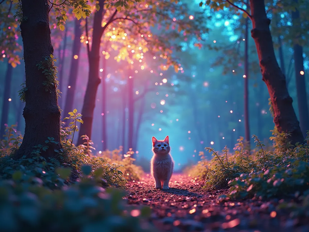 A cute kitten walking at a hyper-realistic view of a forest at night, consumed by dazzling, blinding multicolored light. Every tree and leaf glows intensely with vibrant hues of blue, pink, gold, green, and violet, casting radiant reflections onto the glow...