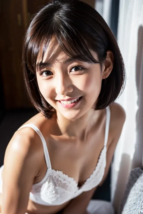 A cute 35-year-old Japanese woman、is standing on all fours in the bedroom。With short black hair、wears white underwear、looking at the camera with a smile even though she is slightly embarrassed。