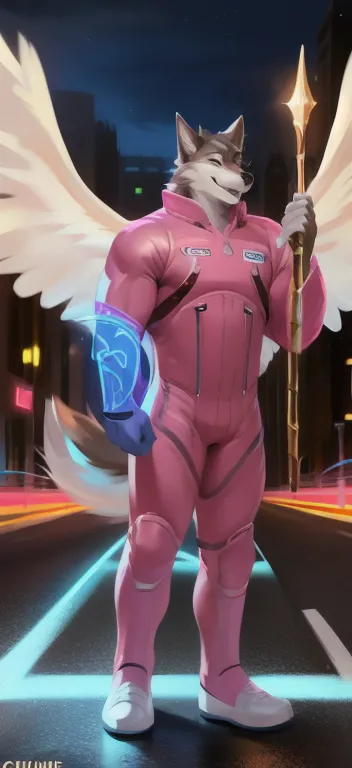  alone, male Tall​,huge​ body​, stand,Holding the magic staff of an angel.,angel Two wings long, road,pig wolf ​ ​ ​,  pink military spacesuit,  heavy overload,  muscle bundle, Sexual​ Emotions​ happy​,by chunie ​