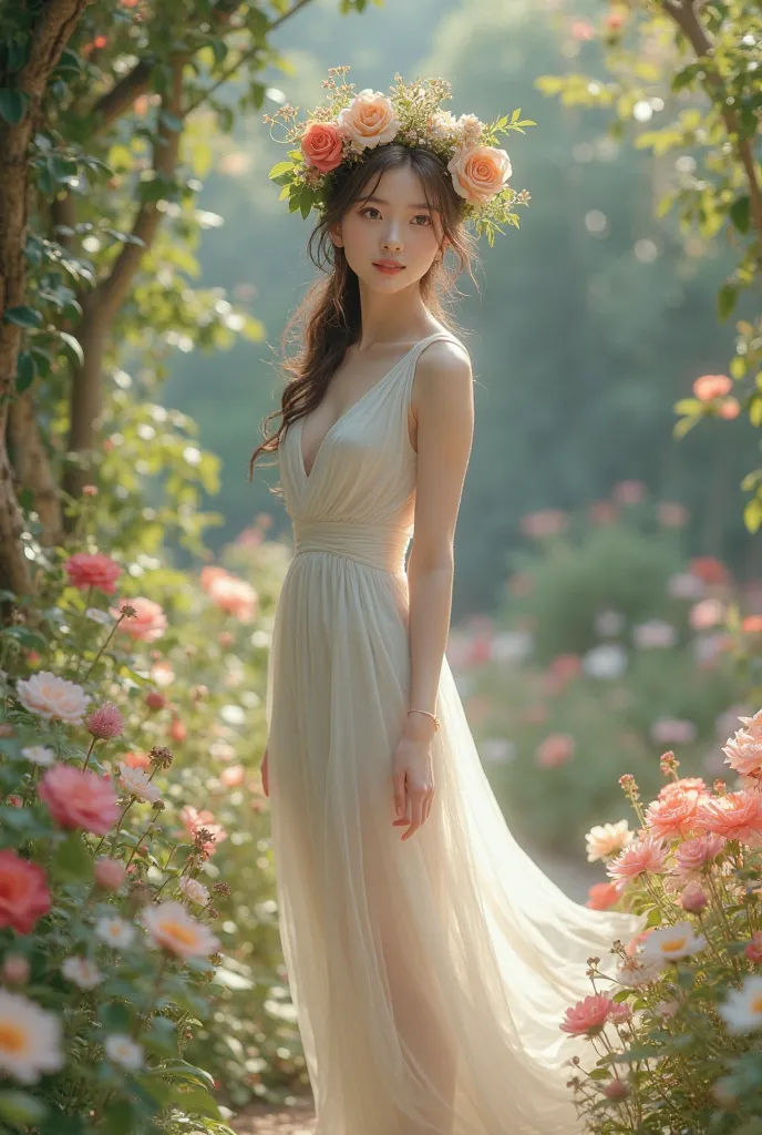  girl slim, on flower garder wearing white dress and flower crown