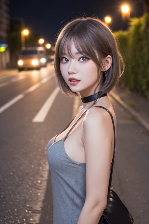 Masterpiece,  best quality ,  1 girl in the bush, small, small breasts, short hair while on a business trip,Gray Hair, keen teeth,tooth, choker,blue eyes, heart-shaped pupils,Demon Horn,,(Outdoors,pavement,Signal,road signs), watching viewers with the harb...