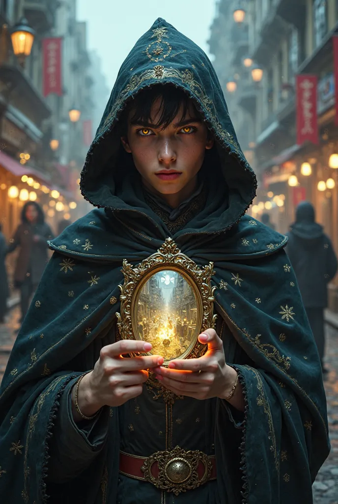 A young charlatan cloaked in a dark fantasy story., with yellow eyes and, captivating holding a small mirror in his hands in a busy city 
